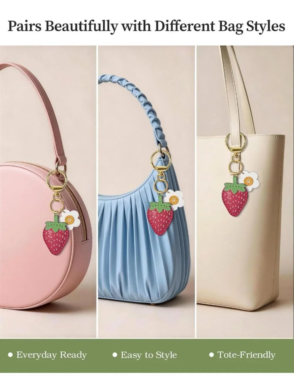Handmade Double-Sided Strawberry Bag Charm | Top-Grain Leather Purse Accessory